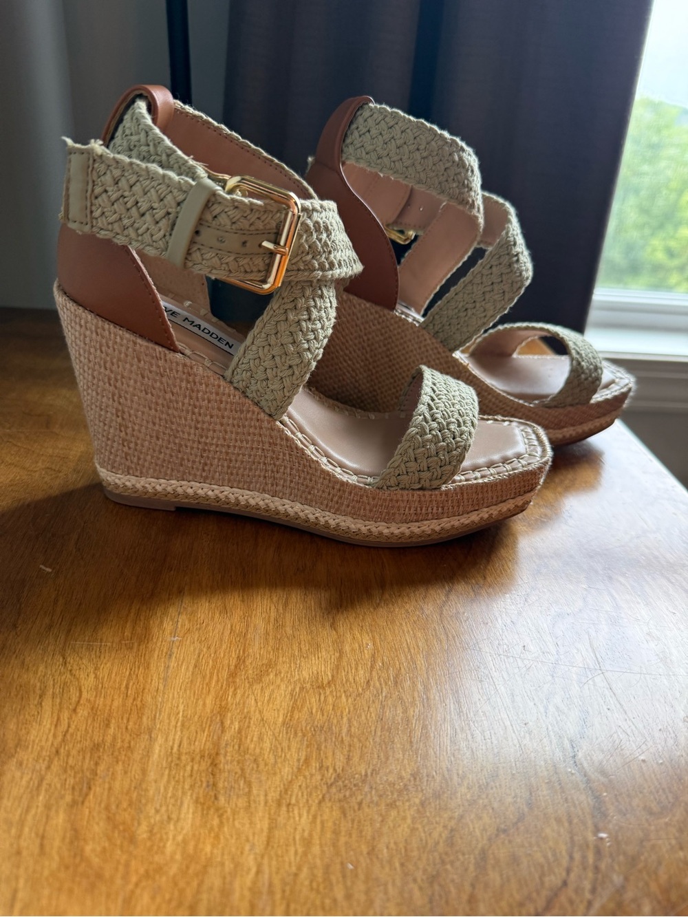 Steve Madden Cali Cream light Green Braided Crochet Espadrille Wedge Sandals